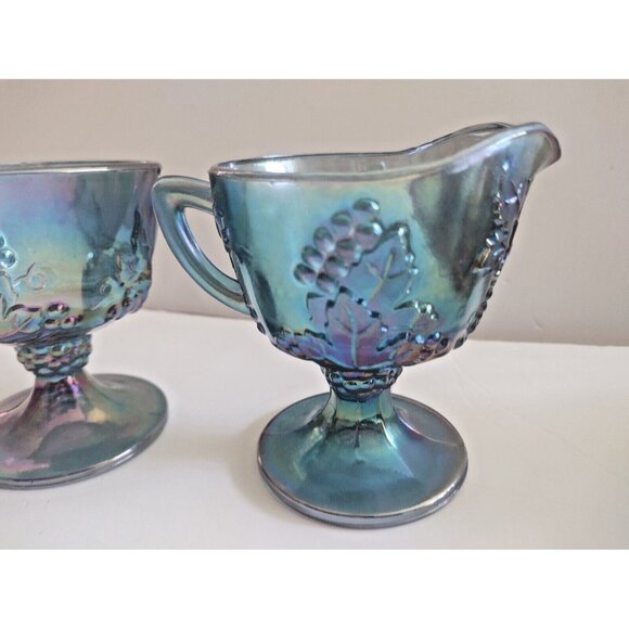 INDIANA GLASS IRIDESCENT BLUE CARNIVAL HARVEST SUGAR & CREAMER 1960s - Picture 2 of 12